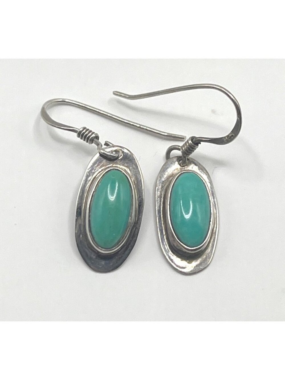 Sterling Silver Natural Turquoise Oval Cabochon Dangle Earrings Signed RV